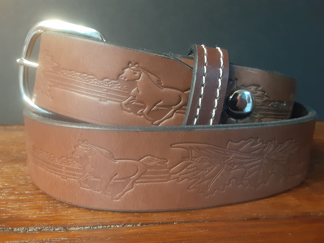 100% Full-Grain Leather Belt Track Horse Design
